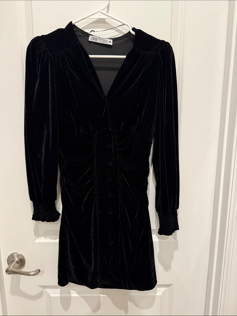 Zara Black Velvet Button-Front Mini Dress with Smocked Cuffs